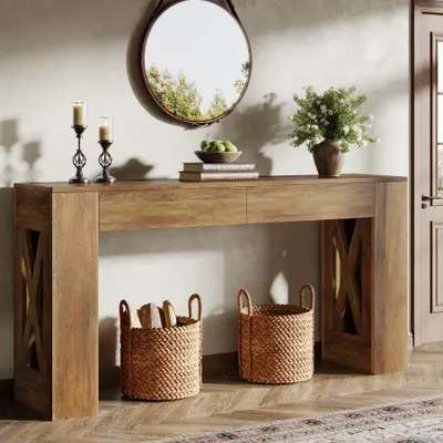 A console table with decorative items and baskets in a home setting.