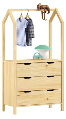 Produktbild von Kinderzimmer Kommode AMIRA mit Kleiderstange in Hausform - natur, 3 Schubladen, integrierte Kleiderstange, Stauraum für Kleidung, Spielzeug, Bücher, Kiefernholz