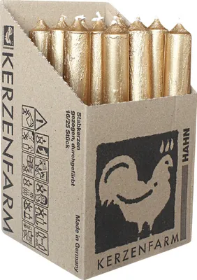 Produktbild von Stabkerzen aus Paraffin, 180/22 mm, Rustikal, Gold, KERZENFARM HAHN, Brenndauer ca. 8h, 16 Stück pro Verpackung