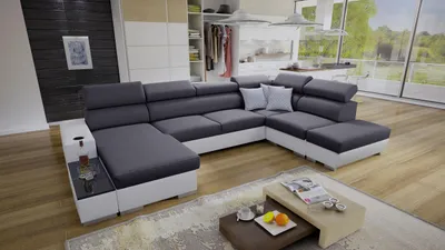 Produktbild von Wohnlandschaft in U-Form PERS VI Ecksofa Eckcouch mit Schlaffunktion (Grau SAWANA 96 + weißes Kunstleder, Links)