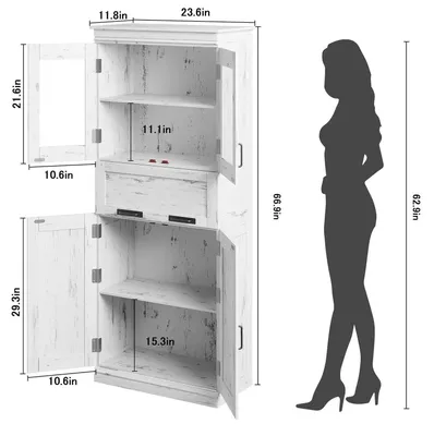 Produktbild von Moderner Landhaus Hochschrank - Freistehender Holz Vorratsschrank mit Glastüren - Verstellbare Einlegeböden - 170 cm - Antikweiß