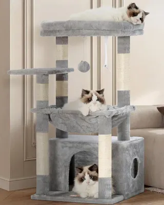 Productafbeelding van Krabpaal met mand en verborgen slaapplek - kattenboom met 8 sisal krabzuilen - extra groot platform - lichtgrijs