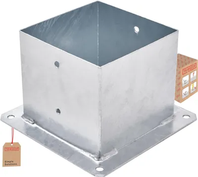 A galvanized steel post base is shown against a white background. A small cardboard box with product images and text is visible to the right, and a small tag with text is attached to the base on the left.