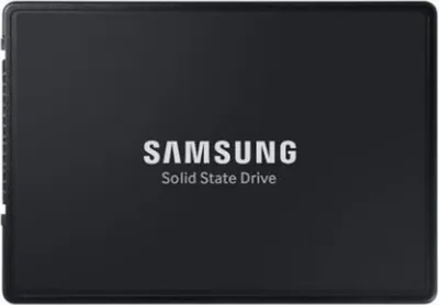 A black Samsung Solid State Drive is shown from a top-down view against a black background.