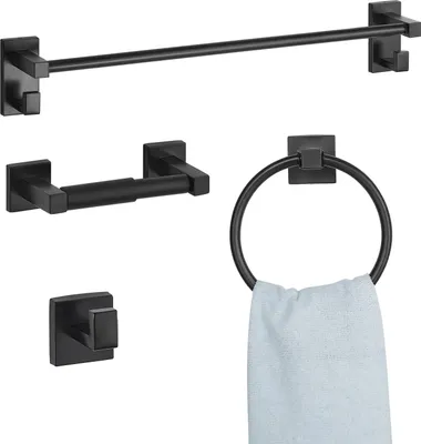Produktbild von Badezimmer Zubehör Set - 4-teilig - Edelstahl - Wandmontage - Handtuchstange - Handtuchring - Haken - Toilettenpapierhalter - Schwarz