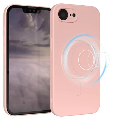A pink iPhone case with a visible magnetic ring overlay is shown next to an iPhone displaying a cloudy sky.