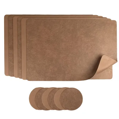 Produktbild von Platzset 6er Set Kunstleder abwaschbar, Wendbares Tischset 45x30cm, Platzdeckchen Modern (Braun/Coffee) 6er Set inklusive Glasuntersetzer