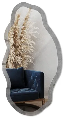 Produktbild von Dekorativer Wandspiegel mit Print, organische asymmetrische Form, 90x45 cm, moderner Designspiegel für Wohnzimmer, Flur und Schlafzimmer - Geometrische Textur, KI-generiertes Bild