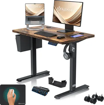 Produktbild von KESSER® Schreibtisch elektrisch & höhenverstellbar Computertisch Ergonomisch Stehen & Sitzen 3-Memory 360° Rollen USB-Ladeanschluss 100x60cm Braun