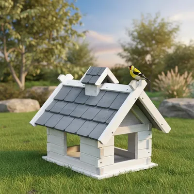 A birdhouse in a garden setting with a bird on top.