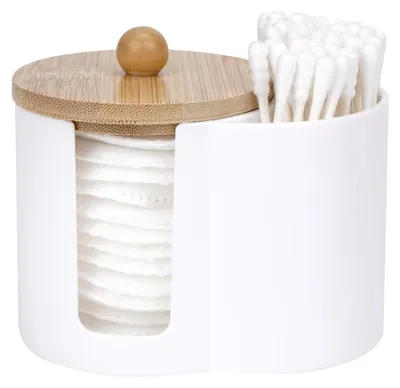 Produktbild von Halter für Wattepads und Tupfer – kleiner Kunststoffspender mit Deckel, Organizer für das Badezimmer zur Aufbewahrung von Wattestäbchen, Pads und Zahnseide (weiß)