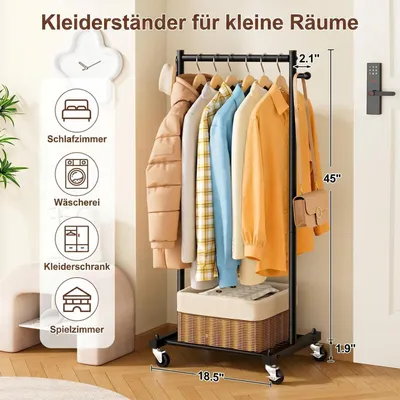 Produktbild von Kleiderständer auf Rollen 114 cm schmal mit Ablagen Metall stabil für kleine Räume Schwarz