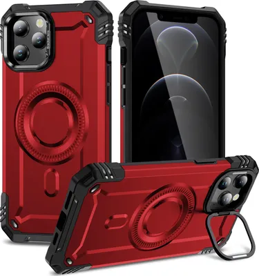 Produktbild von Magnetisch Hülle für iPhone 12 Pro Max, Heavy Duty Militärischer Stoßfest Handyhülle Kamera-Ringständer Rot