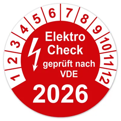 Testplakette Elektrocheck VDE 2026, 30 mm, 100 Stück, rot/weiß