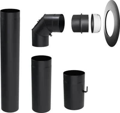 A set of black metal stove pipes and connectors arranged on a white background.