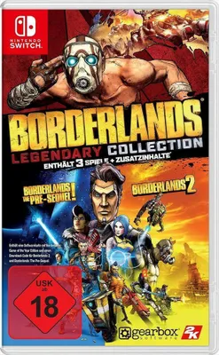 The image is a video game cover for the Borderlands Legendary Collection on Nintendo Switch. It features characters from the game and the game's title.