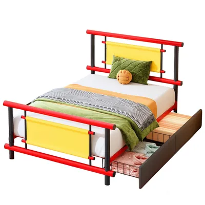 Produktbild von Metallbettgestell für Kinder 90*200 mit Schubladen, Metall-Plattformbett in leuchtenden Farben, robuste Stahlkonstruktion, Platzsparendes Einzelbett