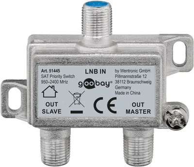 A silver satellite priority switch with a blue cap on one of the connectors.