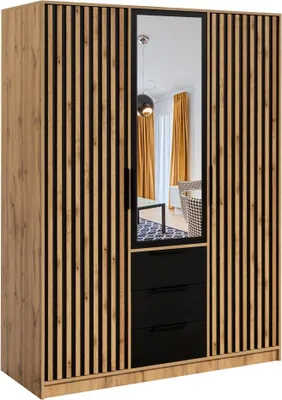 Produktbild von Drehtürenschrank Nancy D3 LUX, 3 Türen Kleiderschrank mit Spiegel, Moderne Garderobe, Schrank Größe: 149 x 200 x 57,5 cm