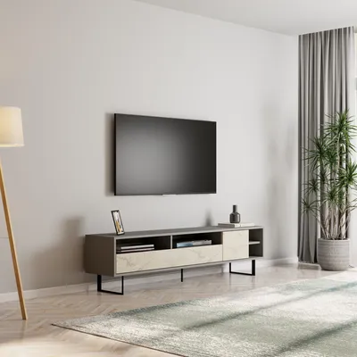 Image de Skye Decor, meuble TV haut de gamme, 180 cm, hauteur 44,7 cm, profondeur 29,8 cm | Panneau de particules 100 % mélaminé, épaisseur 18 mm | Fixation murale possible, nombreuses étagères, gris et travertin, style moderne et industriel.