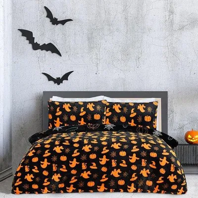 Zdjęcie produktu dla Zestaw pościeli Spooky Ghost z poszewką na kołdrę i poszewkami na poduszki, z flanelowego polaru, dwustronny, rozmiar king (230 cm x 220 cm), czarno-pomarańczowy