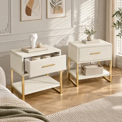 Produktbild von 2er Set Nachttische Beige mit Samtbezug, Moderne Nachtschränke mit Schublade und zusätzlichem Ablageboden, Beistelltische mit goldfarbenem Metallgeste