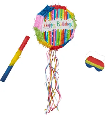 Obrázok produktu pre Relaxdays Narodeninová pinata, s tyčou a maskou, party pinata pre deti, na narodeniny, na naplnenie, VxŠ: 32 x 9 cm, farebná