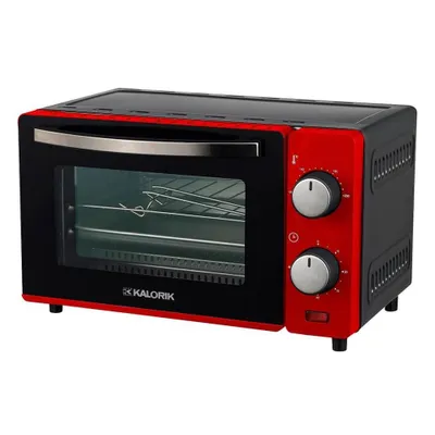 A red and black Kalorik mini oven is shown against a white background.