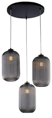 Image de Suspension Krizia Fer Noir, Câbles Réglables, Verre Soufflé Miroir GrisReproduction Rayé En Relief, 3 Lumières, Style Moderne
