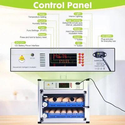 Zdjęcie produktu dla Brutautomat 204 – Automatyczny inkubator do jaj – Dwa źródła zasilania: 220V i 12V – Automatyczne obracanie jaj – Wyświetlacz temperatury i wilgotności – Do jaj kur, kaczek i przepiórek