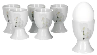 Zdjęcie produktu dla Van Well Vanda zestaw 6 kubków na jajka z białą orchideą, okrągłe Ø 4,8 cm, wys. 7,0 cm, dekoracja kwiatowa, markowa porcelana