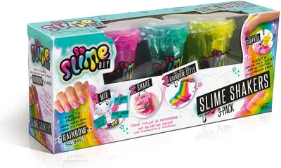 A product box for a slime making kit, showing the product inside and instructions.