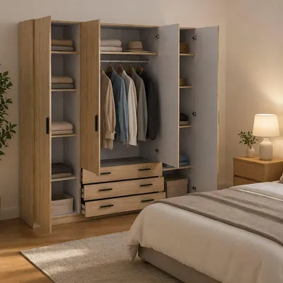 Produktbild von Großer Kleiderschrank Epipola, Schlafzimmermöbel, Schrank, Garderobe, 196x50 h200 cm, Eiche