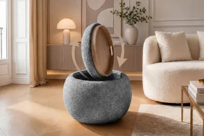 Produktbild von riess-ambiente Runder Couchtisch ORBIT 50cm grau Bouclé 2-in-1 Hocker mit Tablett und Stauraum