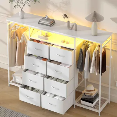 Imagen del producto de Armario Zimilo con cajones de tela, iluminación LED, 8 cajones y 2 barras para colgar, perchero para dormitorio y vestidor, color blanco