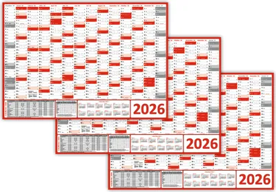Produktbild von 3 Stück XL Wandkalender Wandplaner 2026 rot (gerollt) DIN A1 Format (594 x 841 mm) 14 Monate komplette Jahresvorschau Folgejahr und Ferientermine Feiertage aller Bundesländer
