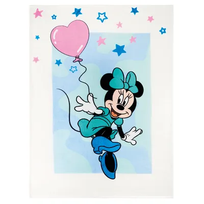 Minnie Mouse character on a blanket with stars and a balloon.