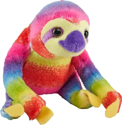 A plush toy sloth with rainbow-colored fur is sitting on a white background.