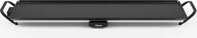 A black electric grill plate with handles, shown from a front-facing, slightly elevated angle on a white background.