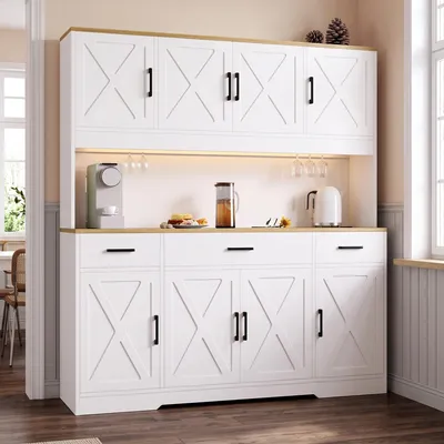 Produktbild von Flieks Hochschrank mit mehrstufigem Stauraum, 2 Weinglashalter, integrierter Steckdose, farbigem Lichtstreifen, Buffetschränke Sideboard, Weiß+Eiche