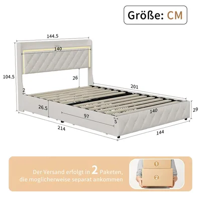 Obrázek produktu pro Postel s čalouněnou konstrukcí - rám postele 140 x 200 cm - úložný prostor se 2 zásuvkami - rošt pro dospělé - čalouněné čelo z veluru - béžová barva