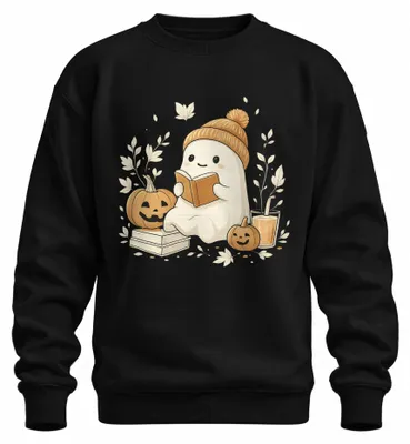 Productafbeelding van Halloween, schattig spookje, leest een boek, herfst, pompoen, gezellig, lezen, uni sweatshirt, trui, zwart, XXL