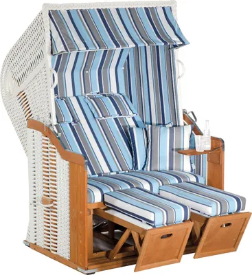 Produktbild von Rustikal Strandkorb 250 Plus 2-Sitzer, Halblieger Ostseeform, Geflecht weiß, Strukturpolyester blau-grau-weiß gestreift, Fichtenholz lasiert, ca.125x90x160