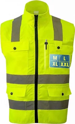 Productafbeelding van Unyqoos® veiligheidswest XL, uniseks, geel – extra hoge zichtbaarheid met 360° reflecterende strepen, rits, 4 grote zakken + kaartenvak, hoge kraag, wasbaar tot 40°C