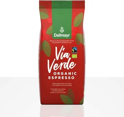 A bag of Dallmayr Via Verde Organic Espresso coffee beans.