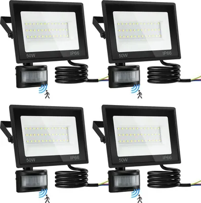 Four identical LED floodlights with motion sensors are arranged in a 2x2 grid against a white background.
