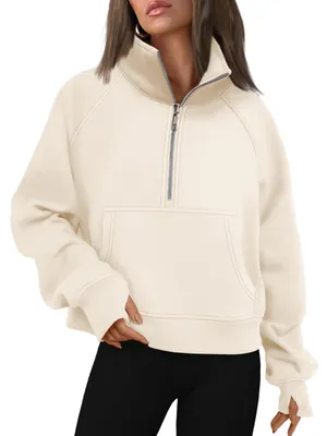 Produktbild von AUTOMET Damen-Sweatshirts mit halbem Reißverschluss, bauchfrei, Fleece, Viertelr