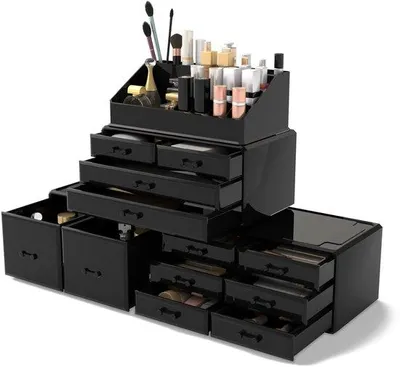 Produktbild von Unyqoos® Make-up-Organizer 4-lagig – geräumige Kosmetik-Aufbewahrung für Schlaf- & Badezimmer, 2 XL-Schubladen, 2 große, 8 kleine, 16 Fächer, 23,9×13,7×40,4 cm