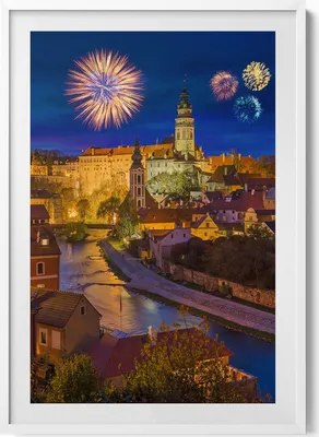 Produktbild von Feuerwerk in Krumau (Tschechische Republik)– Wandbild mit Rahmen – Gerahmtes Bild  – Wanddekoration – 70x100 cm –  Weiß Rahmen
