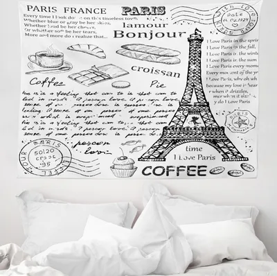 Produktbild von ABAKUHAUS Schwarz-Weiss Wandteppich, Bonjour croissan Kaffee aus Weiches Mikrofaser Stoff Waschbar ohne Verblassen Digitaldruck, 150 x 110 cm, Weiß Schwarz